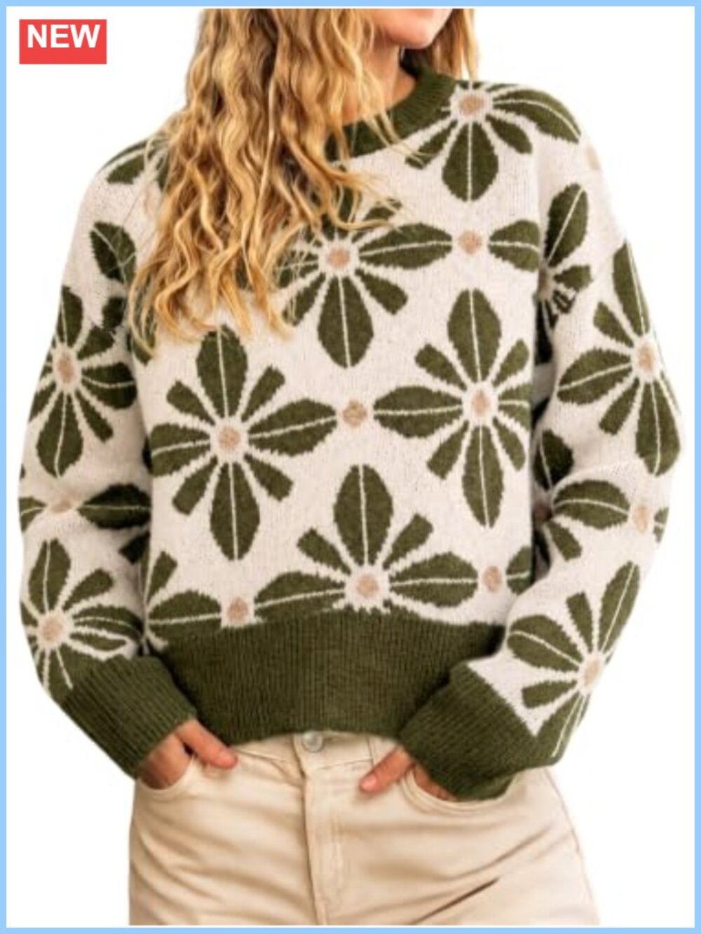 Women's Floral Knit Pullover Sweater Crew Neck Loose Fit Long Sleeve